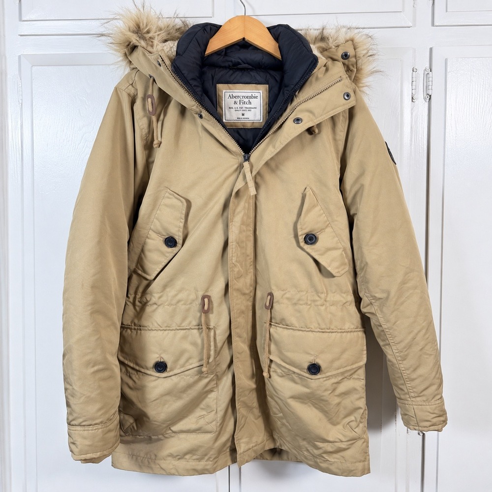 Abercrombie & Fitch Mens Ultra Parka Tan Khaki Faux Fur Hood Winter Coat Medium